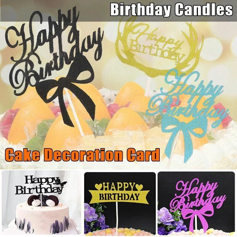 Happy Birthday Cake Topper Colour Printed Acrylic Party Decorations - Gold-Thin Line