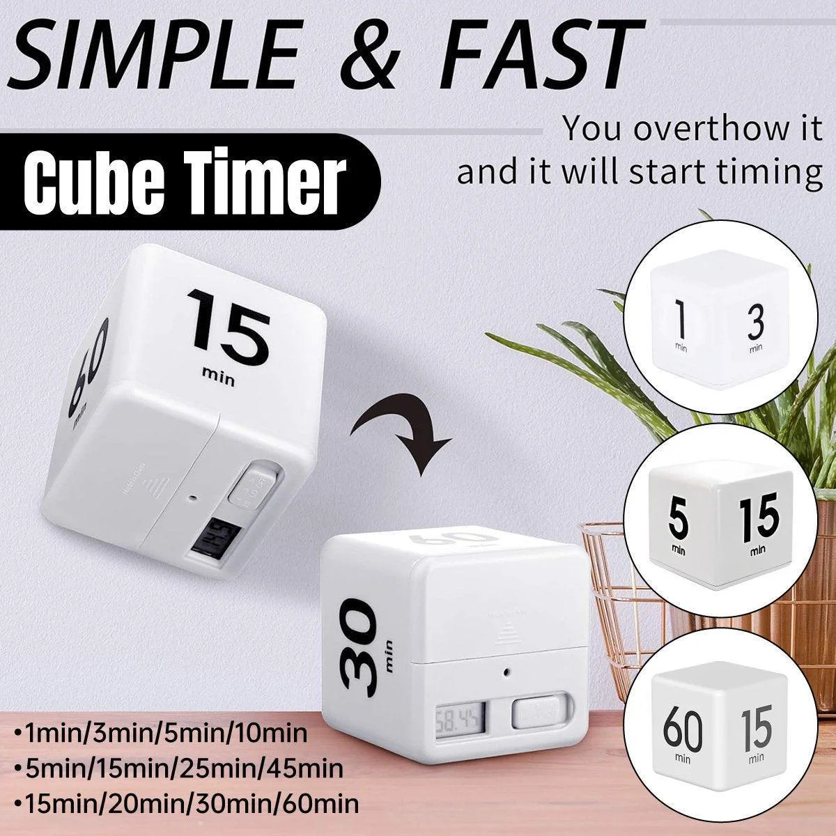 Cubic Timer for Students Time Management Study Exercise Reminder Tool Adjustable - 15-20-30-60