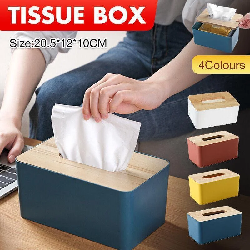 Wooden Lid Tissue Storage Box Dispenser for Napkins Desk Paper Holder Organiser - Yellow