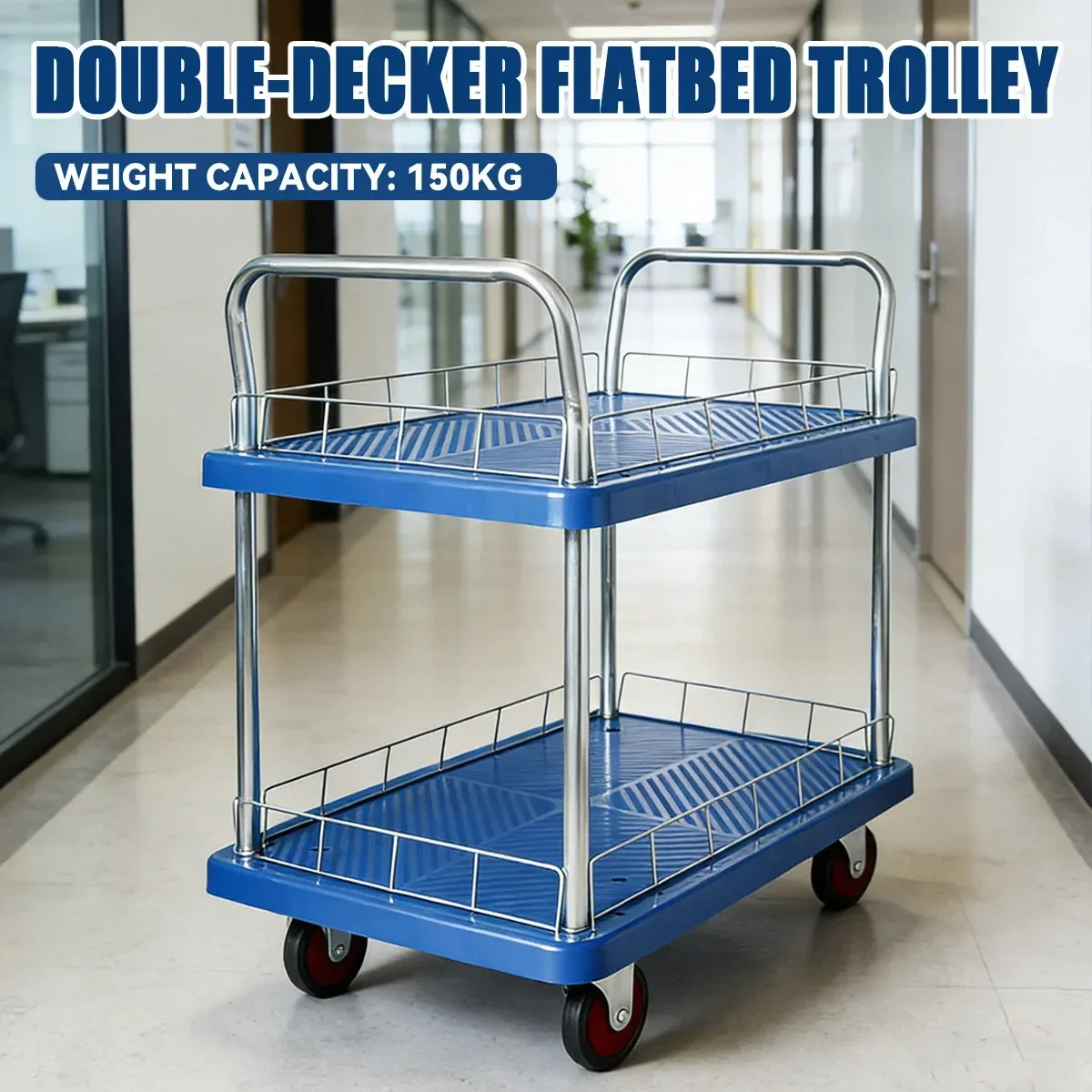 2 Tier Silent Flatbed Trolley with Double Handle for Moving Warehouse Transport