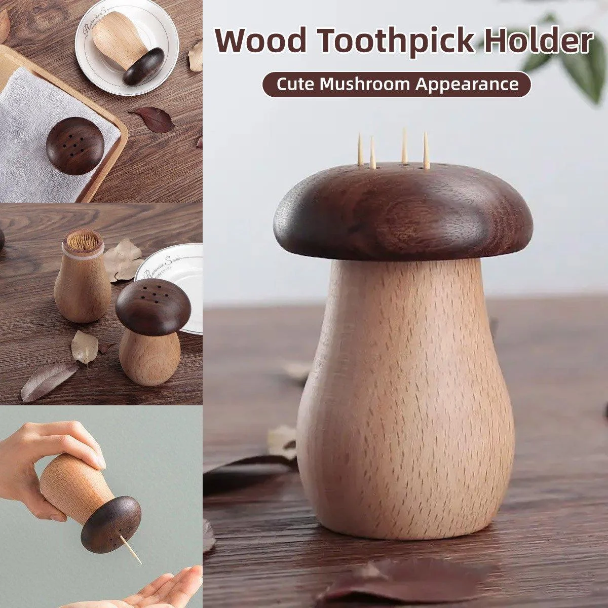 Solid Wood Toothpick Holder Black Walnut Beech Cute Mushroom Toothpick Box