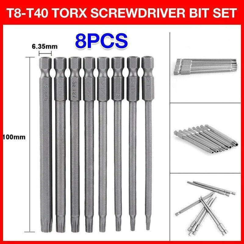 8PCS T8 to T40 Torx Screwdriver Bit Set 100mm S2 Steel Hex Tip Head