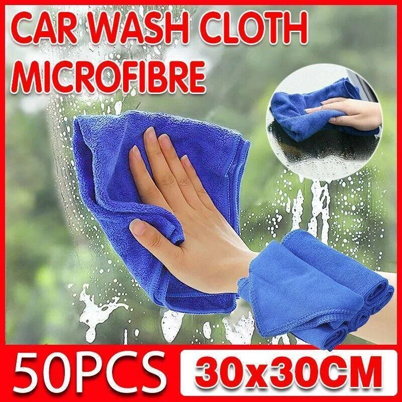 50PCS Blue Microfibre Car Cleaning Cloths 30x30cm Wash Dry Polish Towel Set