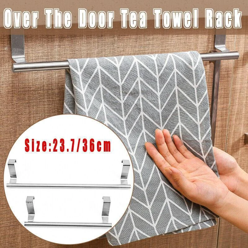 Stainless Steel Over Door Towel Rack Cupboard Hanging Rail for Kitchen Bathroom - 36CM