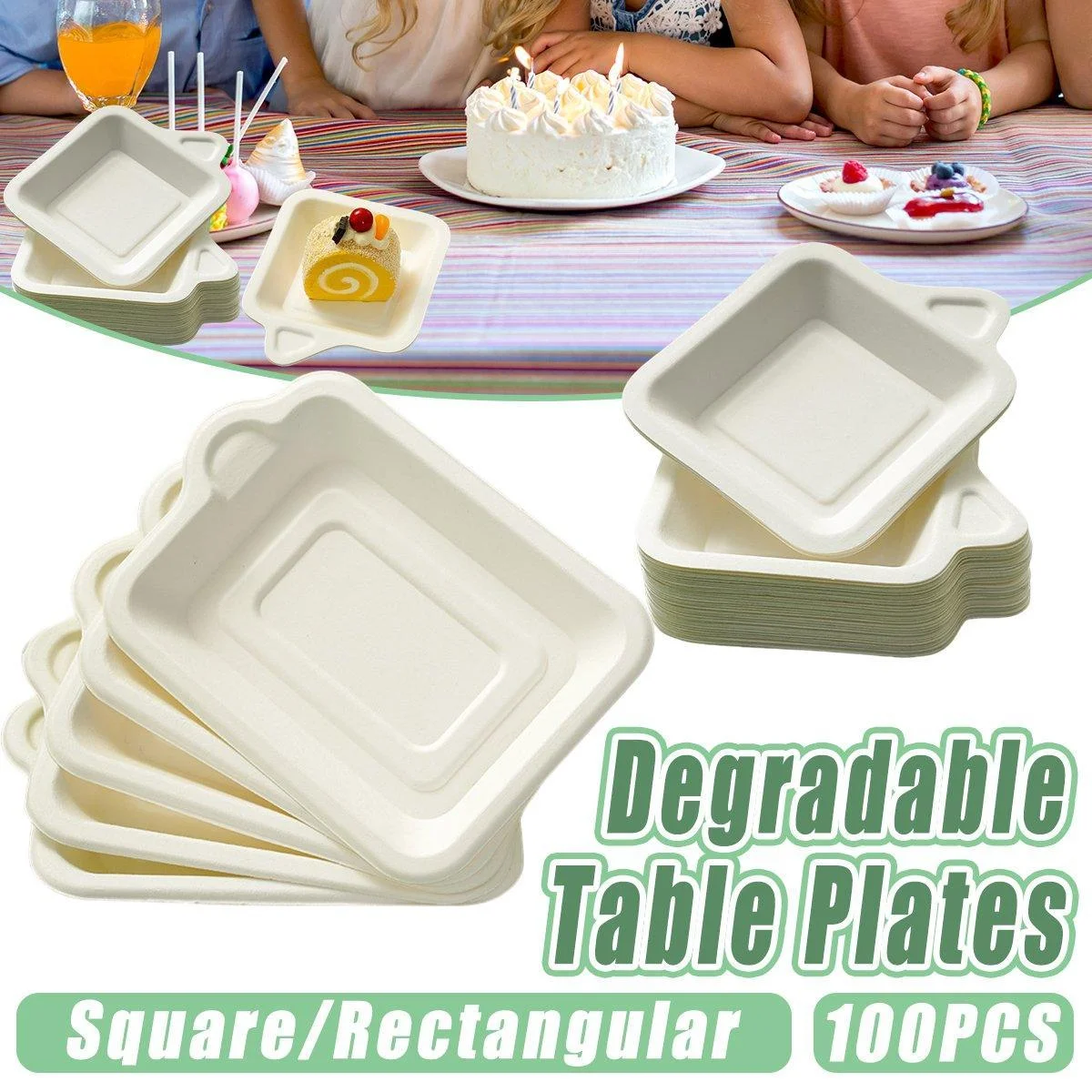 100PCS Degradable Paper Plates Thickened White Rectangular Cake Paper Plate - Square