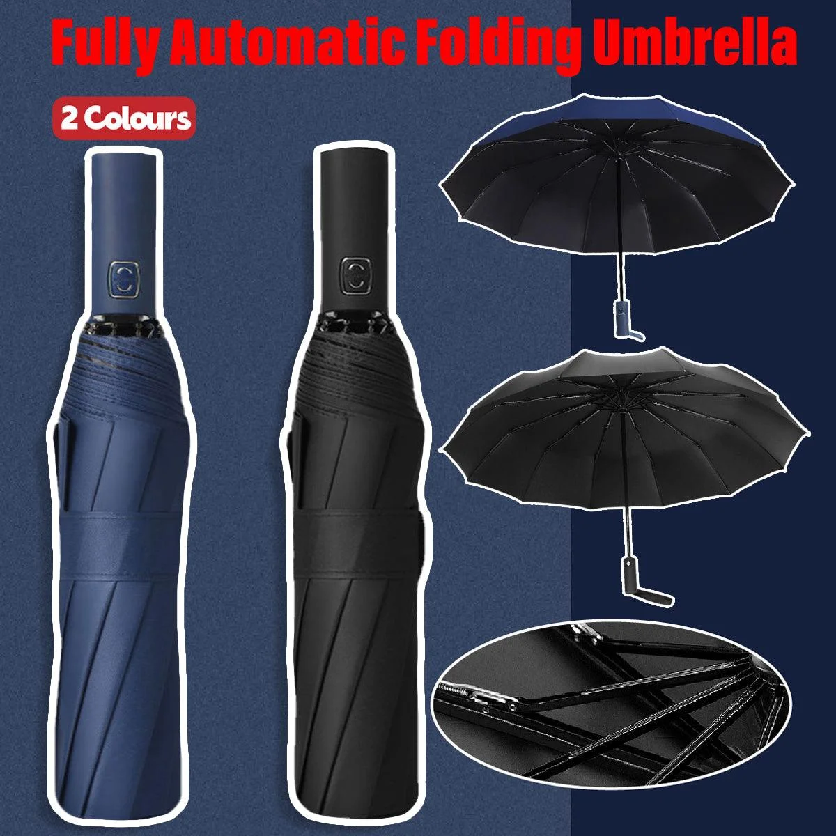 Automatic Folding Umbrella 12-Rib Large Windproof Sunshade for Men and Women - Black