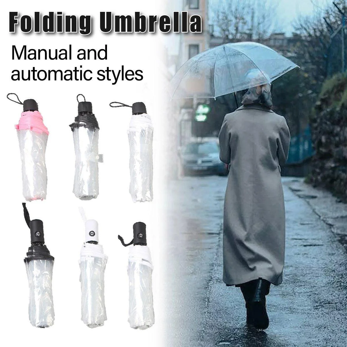 Transparent Folding Umbrella Compact Tri Fold Design Clear Rain Protection Cover - Manually operated-Pink