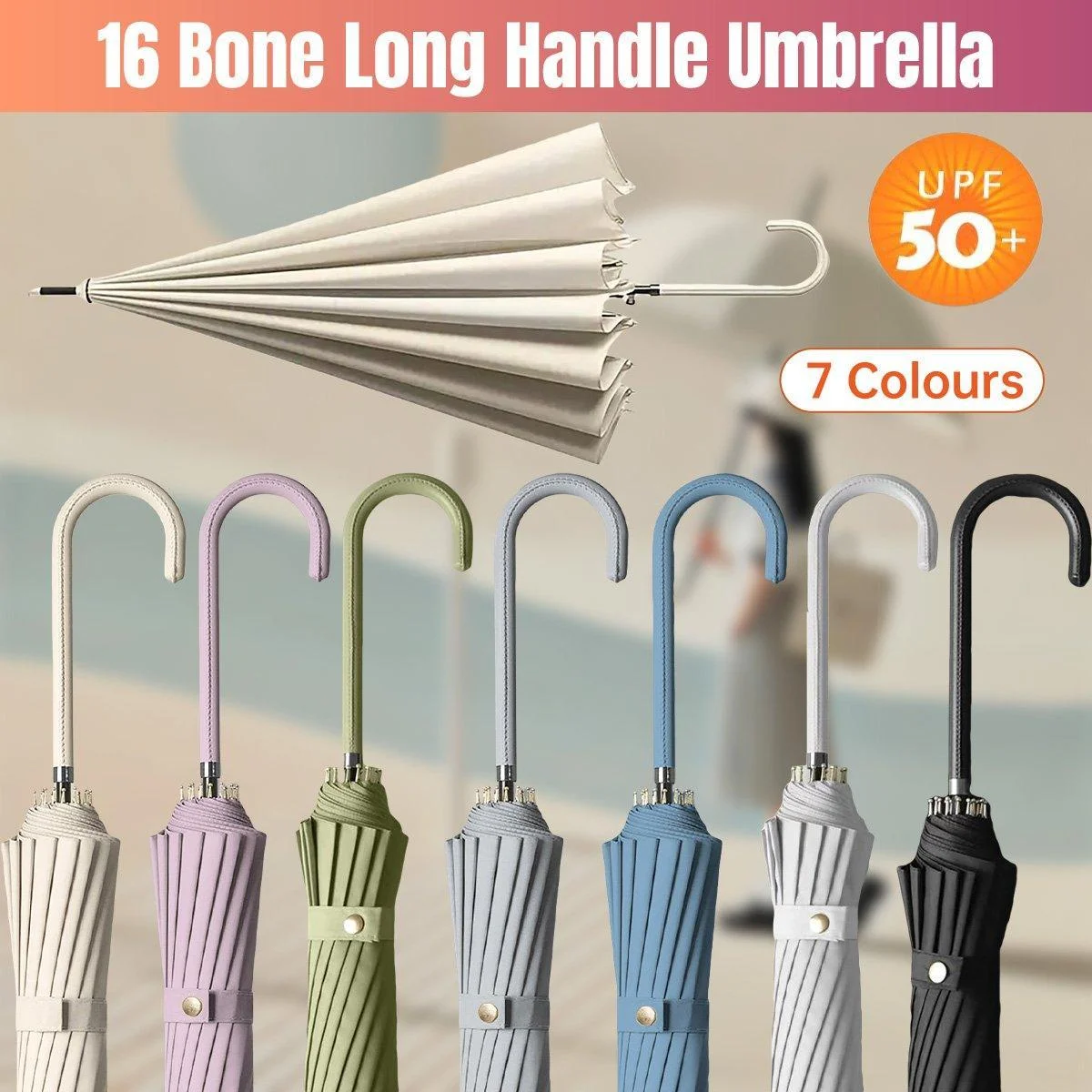 Large 16 Bone Automatic Umbrella Unisex Long Handle Dual Use Rain Sun Umbrella - Beige