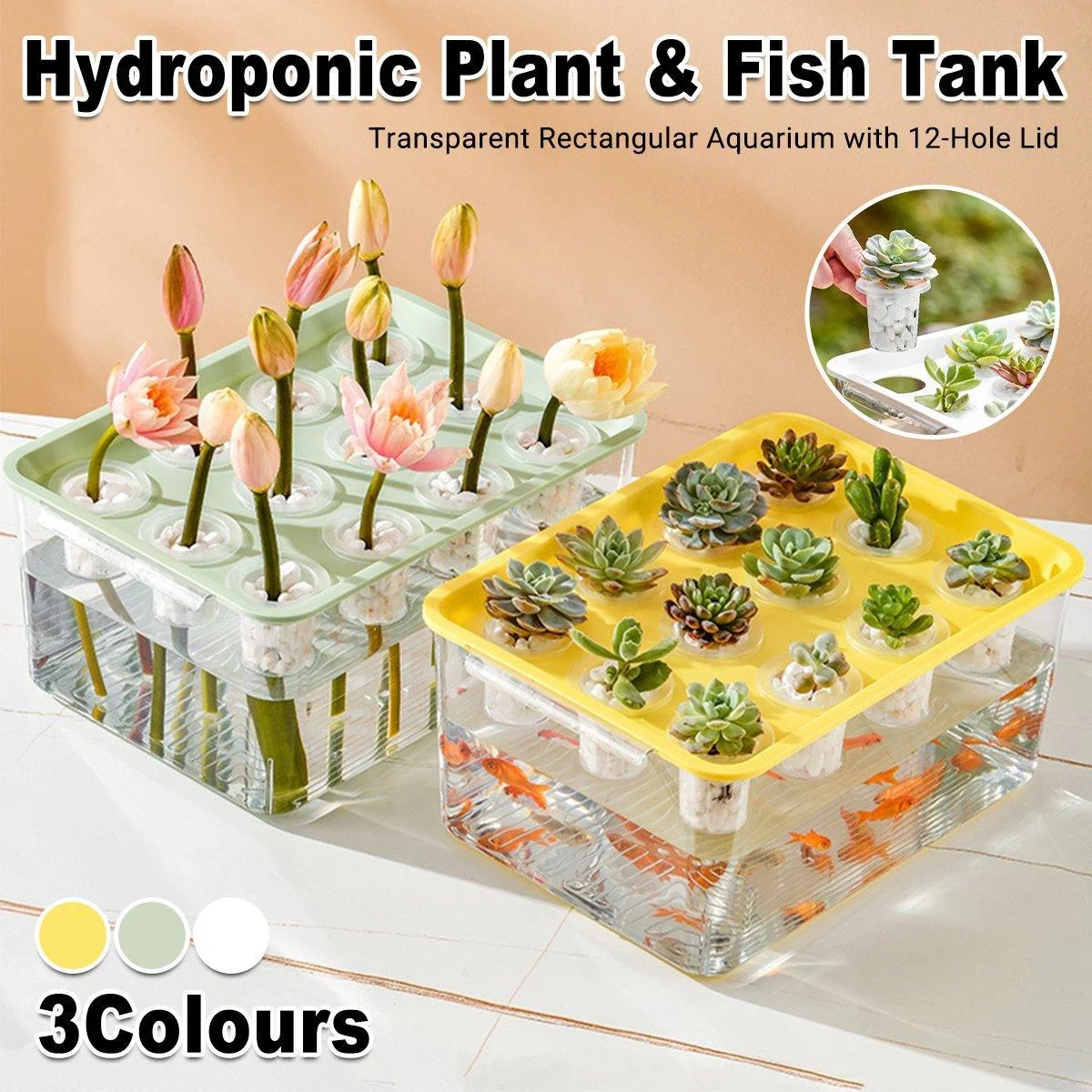 Transparent Rectangular Aquarium 12Hole Lid Portable Hydroponic Plant Fish Tank - Green