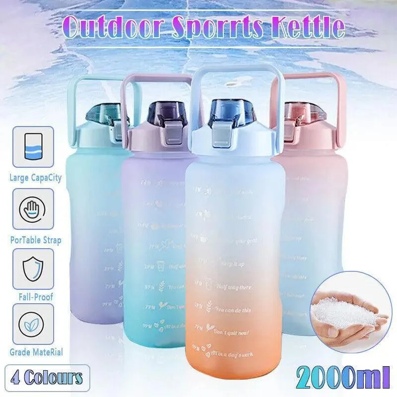 2L Large Water Bottle Straw Time Gradient Cup Fitness Jugs Sport Gym Training - Purple