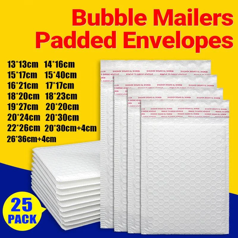 25PCS Poly Bubble Mailers Envelope Padded Bag White Cushioned Satchel 15 Sizes - 25PCS-22*26CM