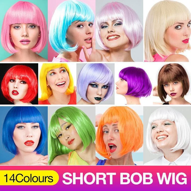 Short Bob Wig with Bangs for Women Synthetic Cosplay Party Hair in 14 Colours - Dark Purple