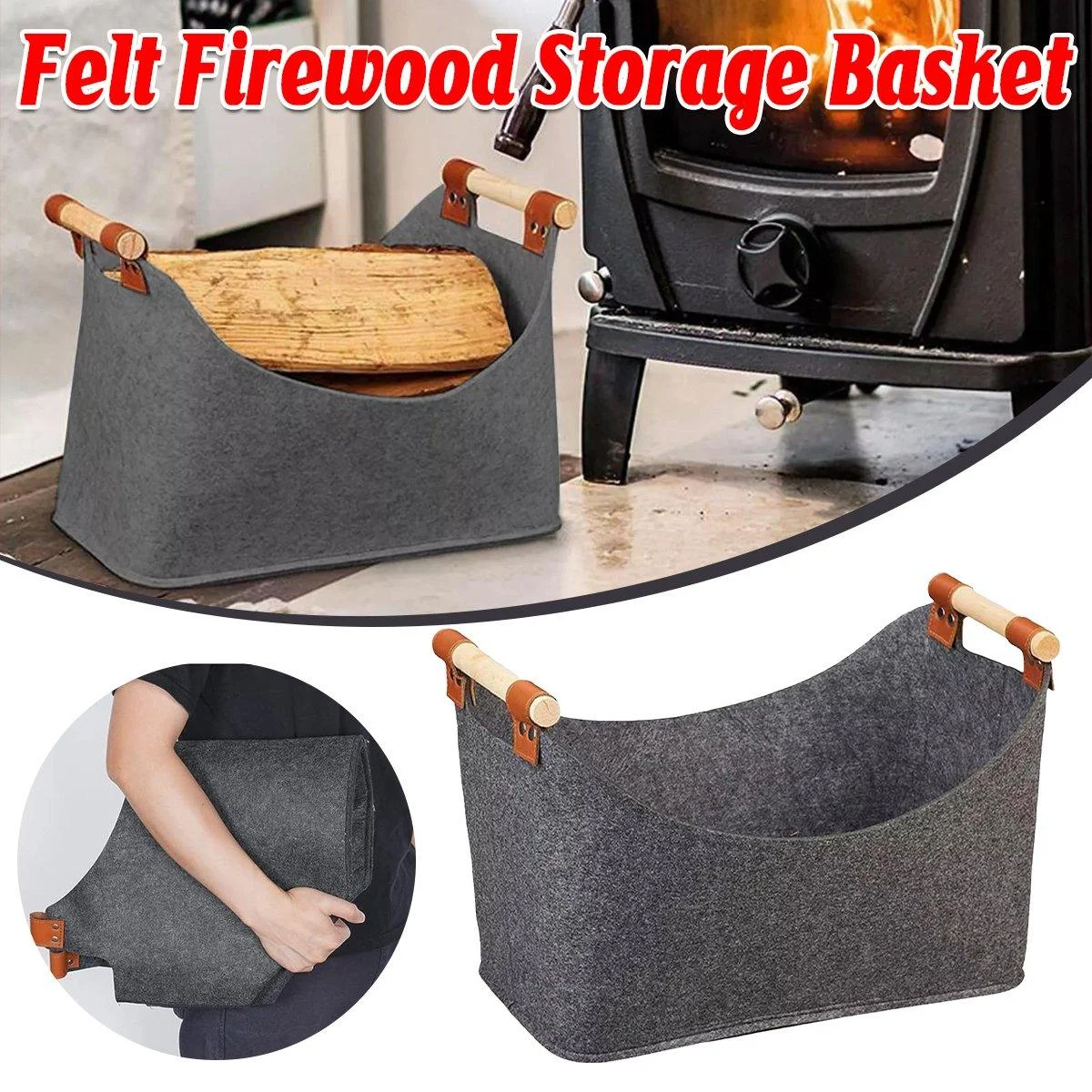 Felt Firewood Storage Basket Tote Bag Large Felt Basket for Firewood Wood Holder
