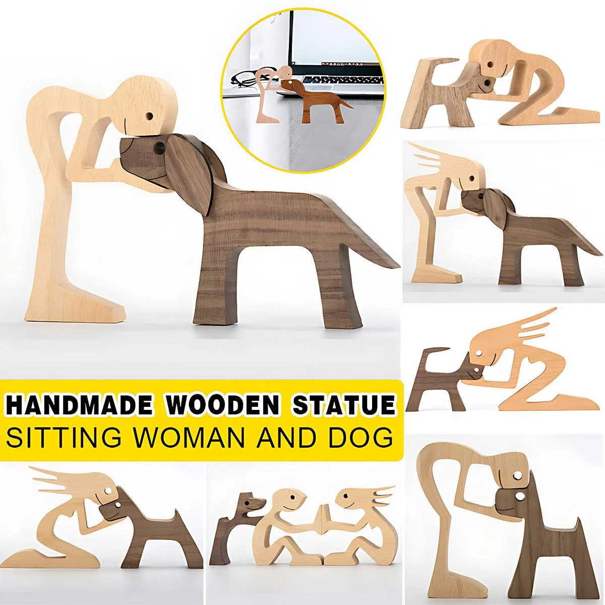 Handmade Wooden Statue Sitting Family and Dog Craft Home Decor - B04
