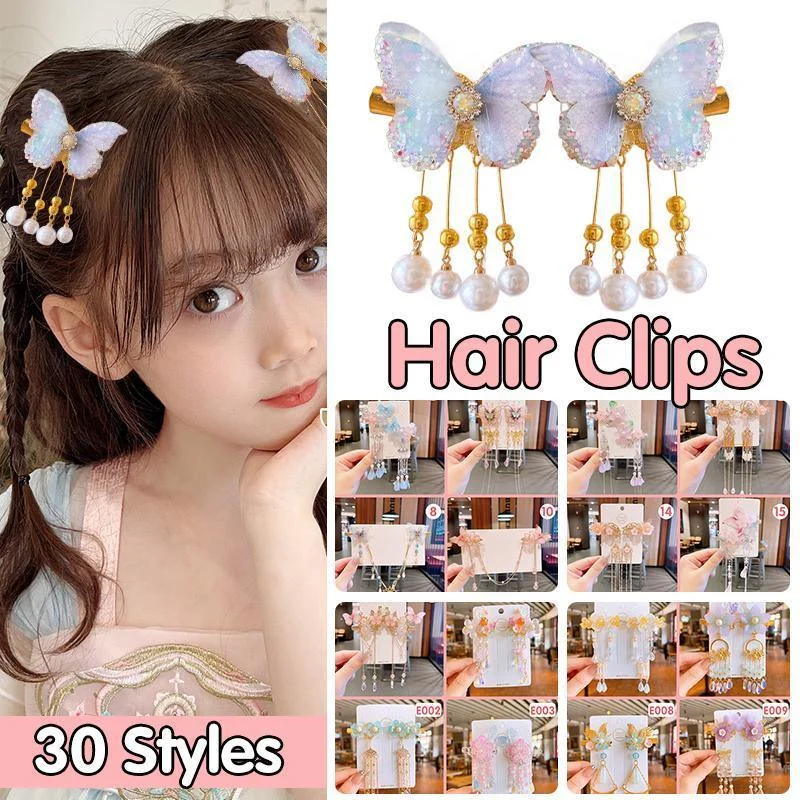 2Pcs Hanfu Flower Hair Clip with Pearl Tassel Butterfly Hairpin for Women and Girls Party - E002