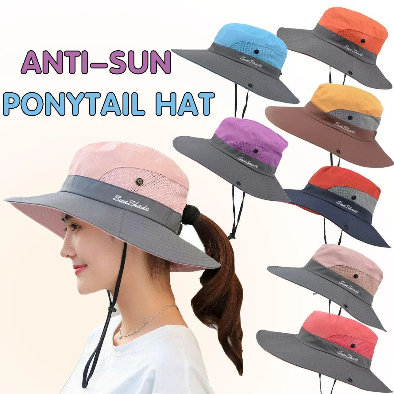 Women Wide Brim Ponytail Hat Sun Protect Visor Summer Beach Cap Anti Uv Floppy - Yellow
