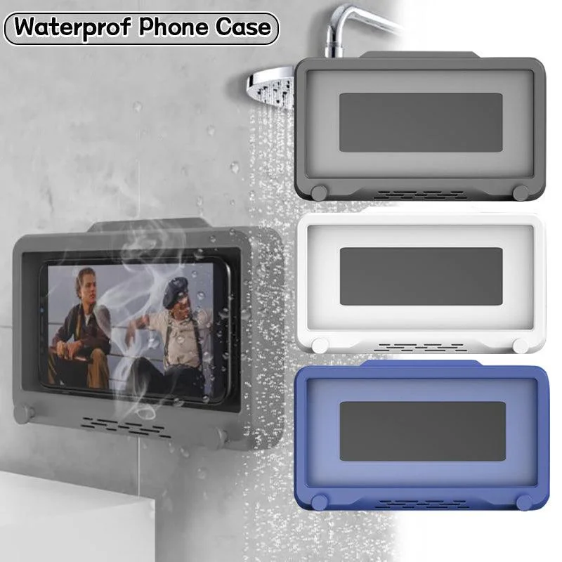 Wall Mounted Phone Holder for Bathroom Shower Waterproof Touch Screen Case - Grey