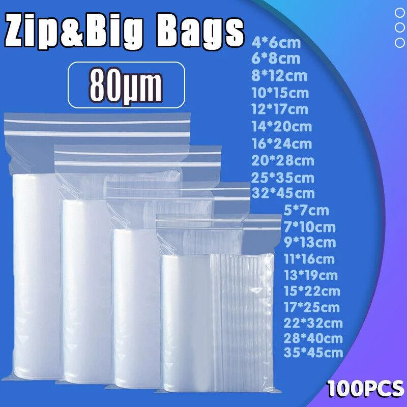 100X Bulk Clear Resealable PE Plastic Zip Bags - 16*24cm 100PCS