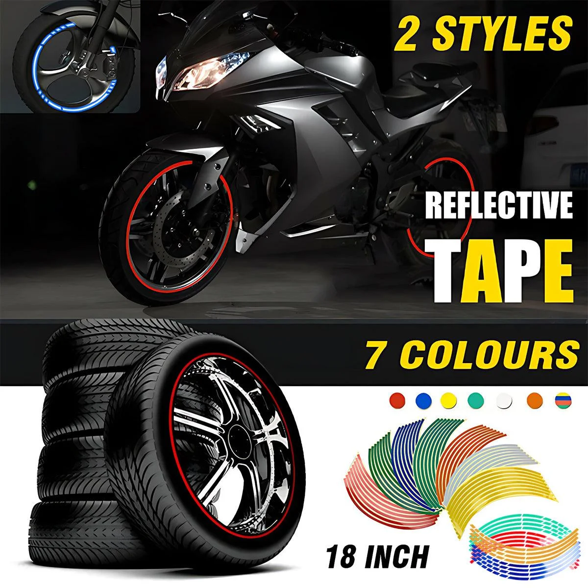 18inch Reflective Rim Tape Wheel Stripe Decal Trim Sticker For Car Motorcycle - Break-Reflective Orange