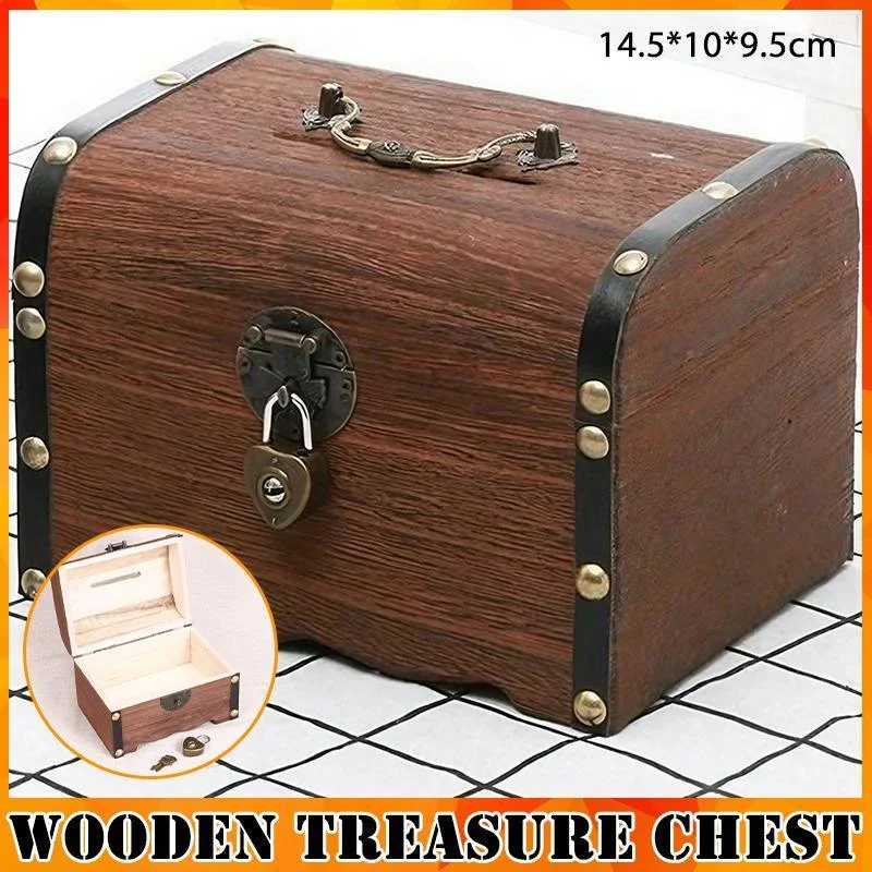 Wooden Treasure Chest Retro Money Storage Box Case Coin Piggy Bank Organizer