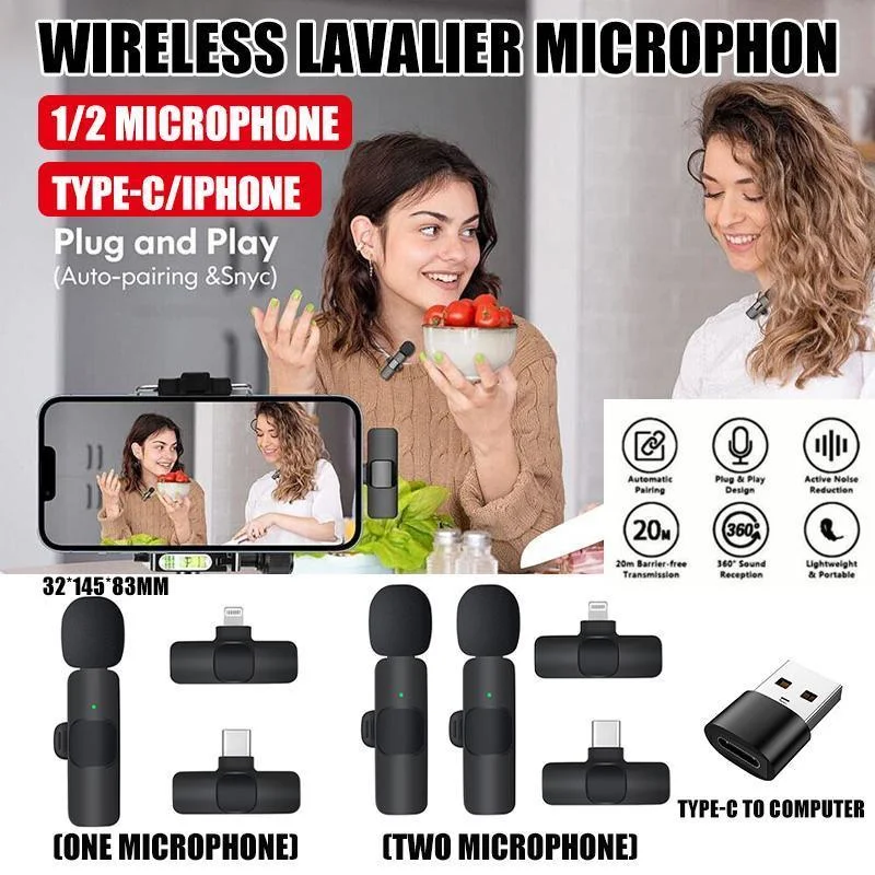 Wireless Lavalier Microphone Mini Mic For Android iPhone iPad Vlog Live Stream - Type-C (Two Microphones)