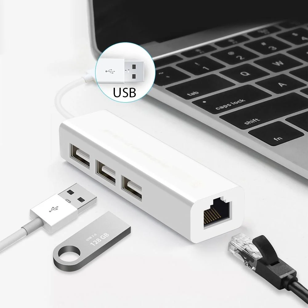 Usb 2.0 Ethernet Adapter + 3-Port Usb Hub White