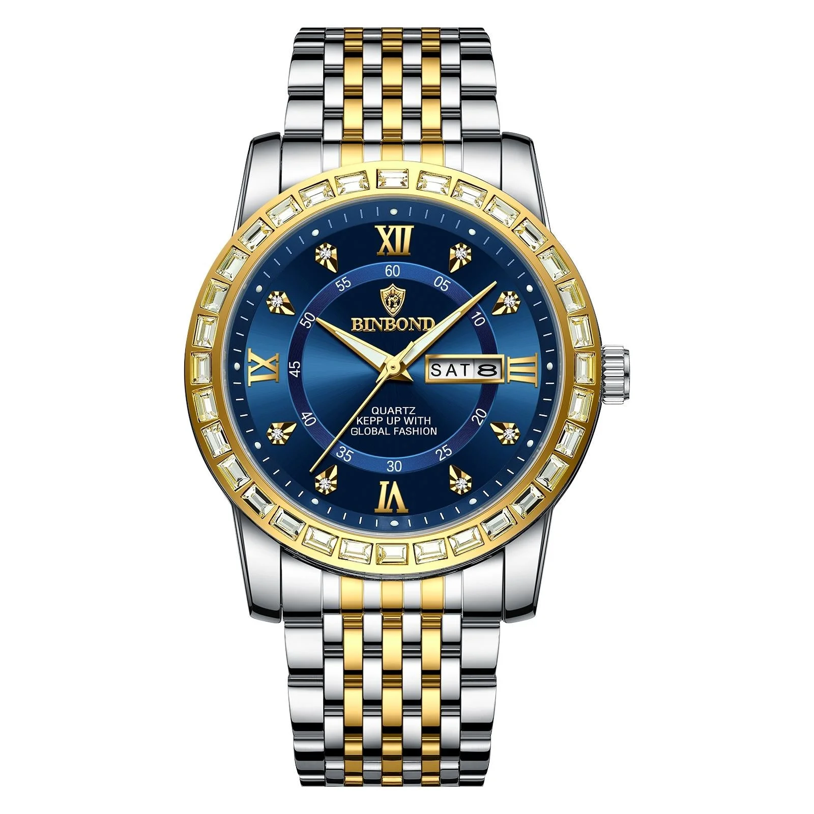 Diamond Dual-calendar Luminous Quartz Watch - B2202 - Inter-Gold-Blue