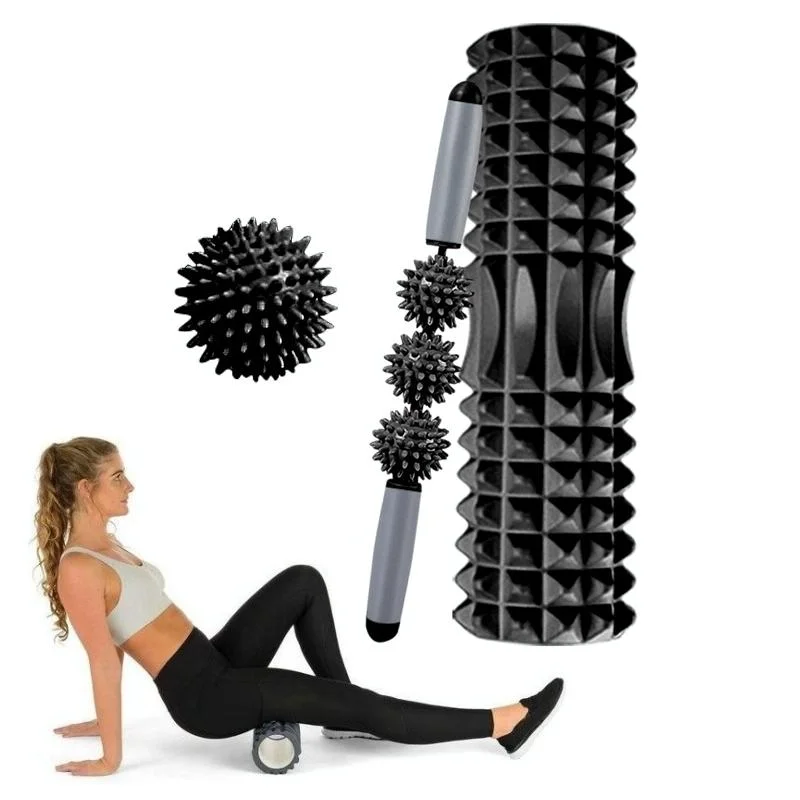 3-In-1 Hollow Foam Roller Set For Muscle Relaxation And Yoga 45Cm Black