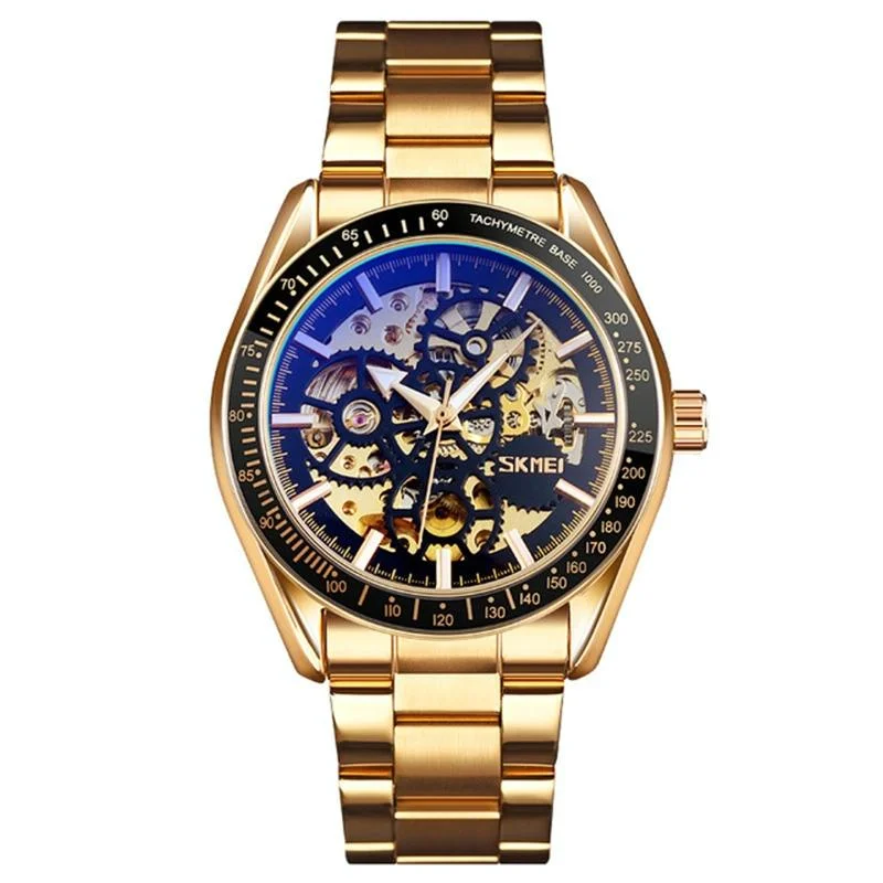 Golden Black Face Men Automatic Skeleton Watch with Steel Band