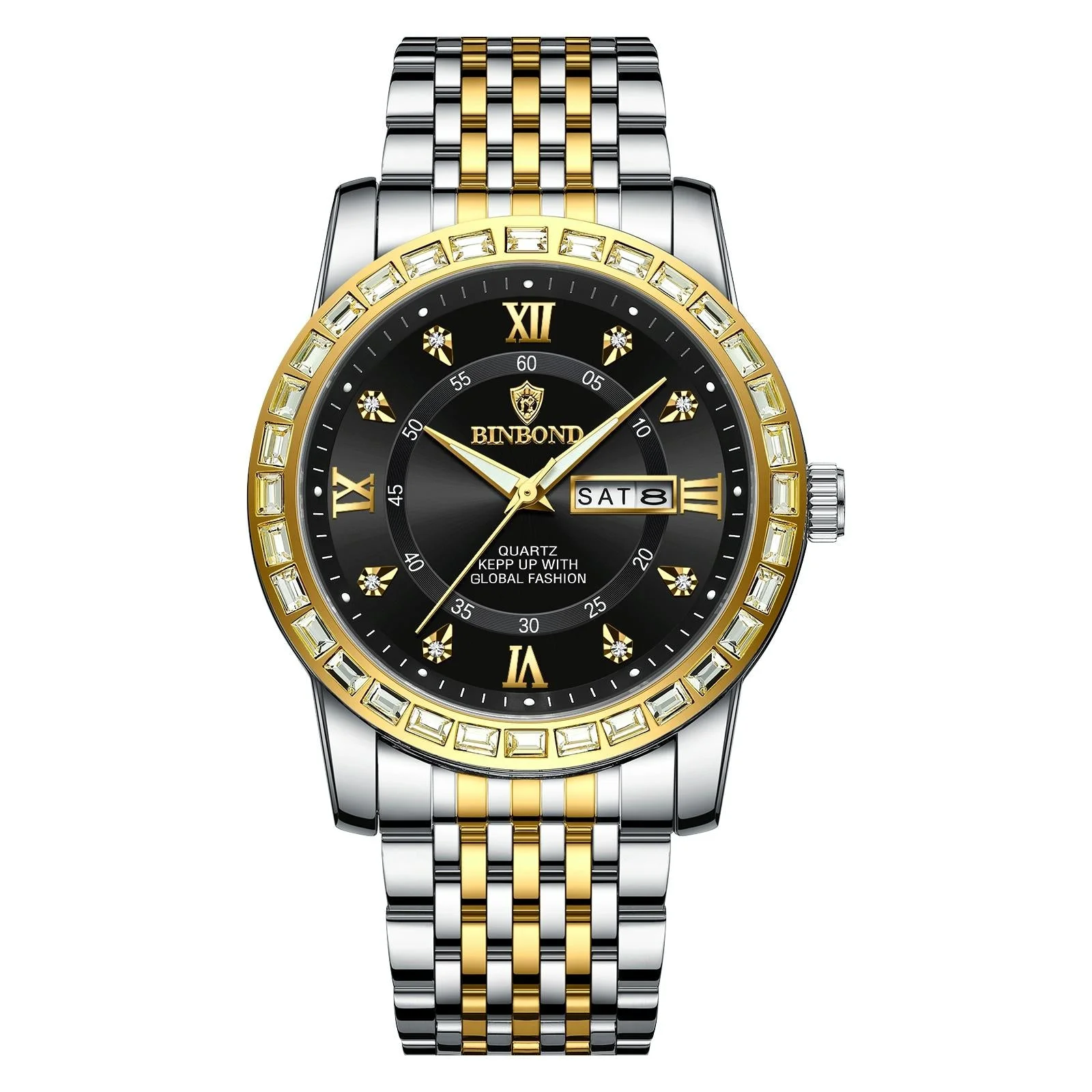 Diamond Dual-calendar Luminous Quartz Watch - B2202 - Inter-Gold-Black