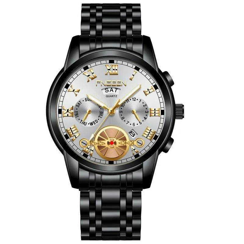 Men Multi-function Quartz Watch - Black Steel with White Face and Gold Accents