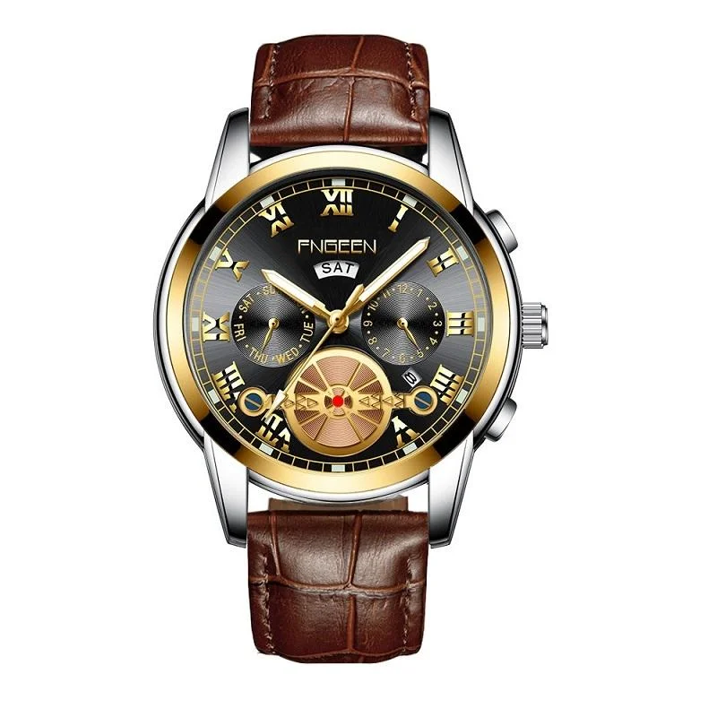 Men Multi-function Quartz Watch with Brown Leather Strap and Gold Black Dial