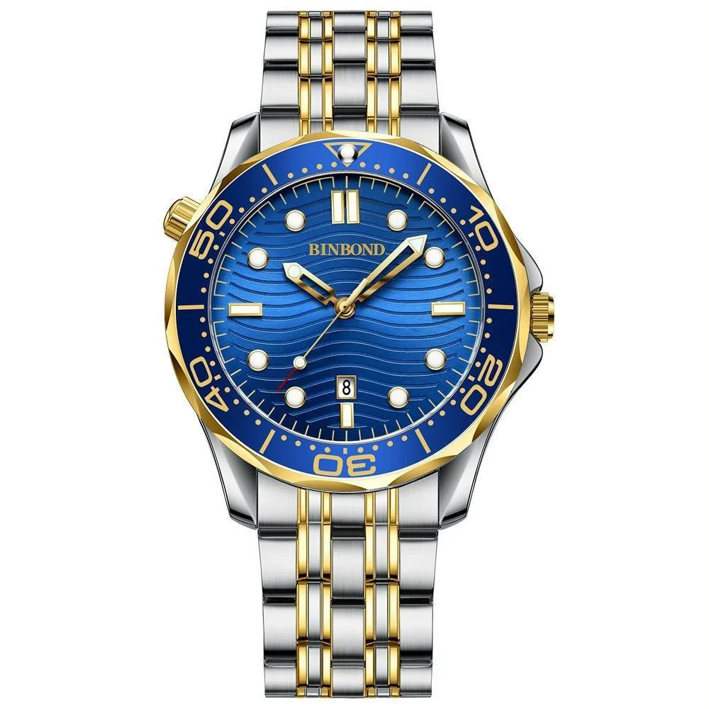 Waterproof Men Sports Watch - Inter-gold Blue Surface Binbond B2820 Luminous