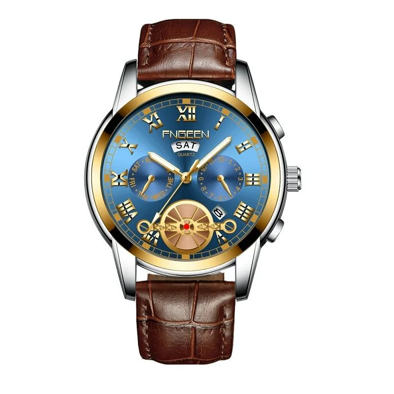 Men Multi-function Quartz Watch with Brown Leather Strap and Gold Blue Dial