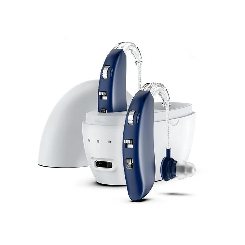 Rechargeable Hearing Aid Amplifier With Charging Pod Blue+White