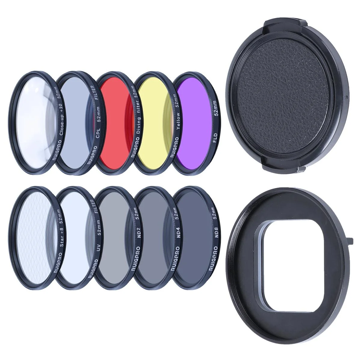 52mm 10-in-1 Professional Lens Filter Kit for Gopro Hero10 / 9 with Adapter Ring and Cap