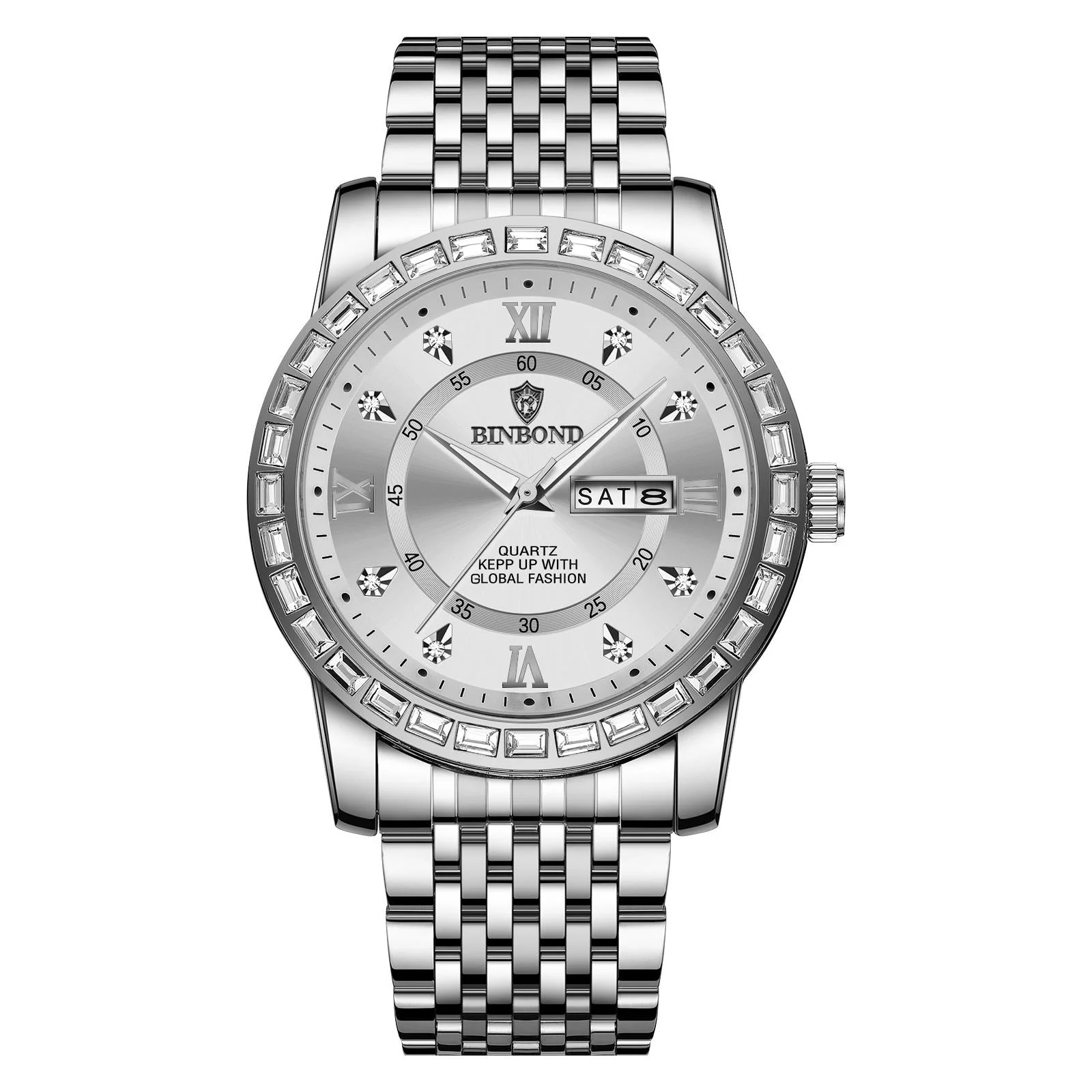 Diamond Dual-calendar Luminous Quartz Watch - B2202 - White Steel-White