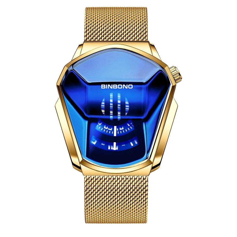 Black Technology Men Watch with Locomotive Concept - Gold Net Belt-Full Gold-Blue Face