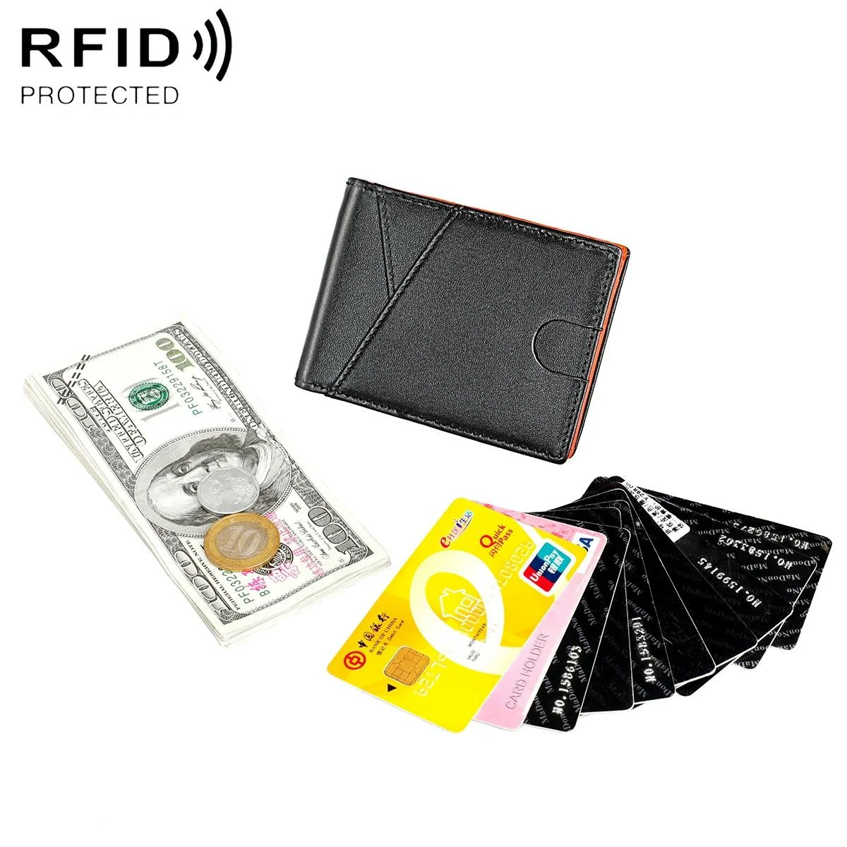 Leather Rfid Wallet with Front Pocket - Black - Orange