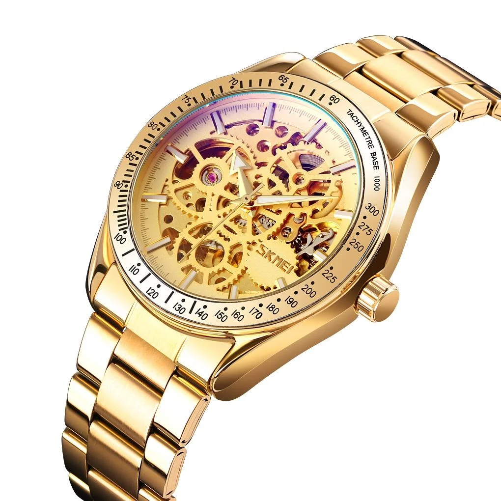 Men Automatic Mechanical Watch with Gear Dial - Gold