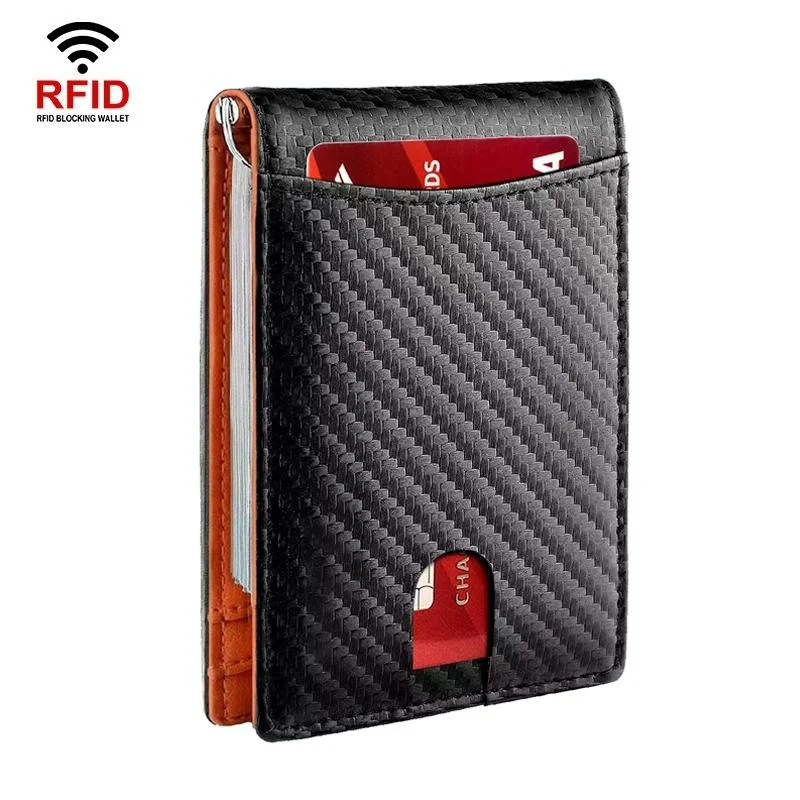 Rfid-protected Leather Wallet - Carbon Fiber Orange Inside