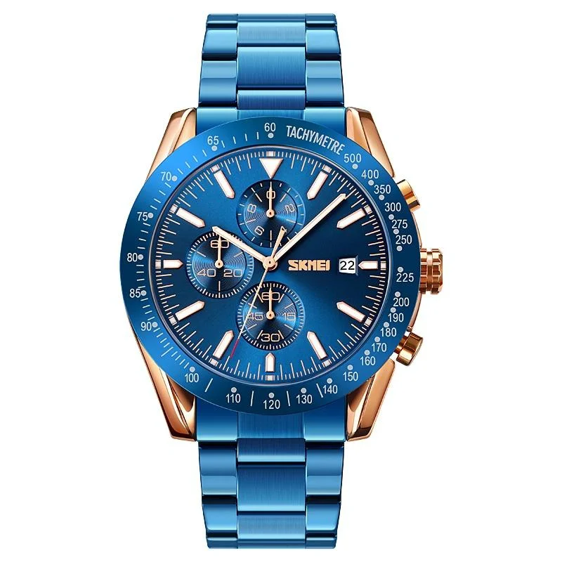 Stainless Steel Strap Quartz Watch for Men with Date and Six Pin Design - Gold Blue