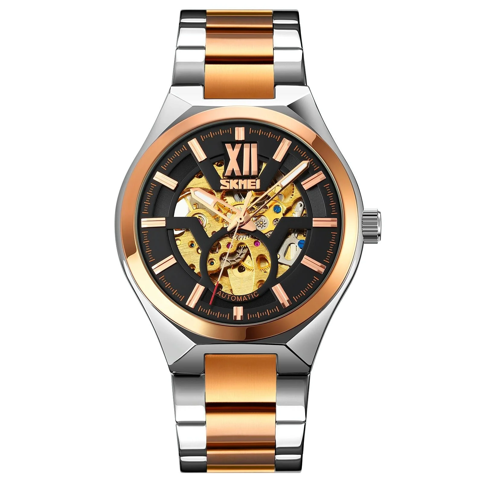 Men Automatic Mechanical Watch with Two-tone Stainless Steel Strap - Middle Rose Gold Shell Black Surface