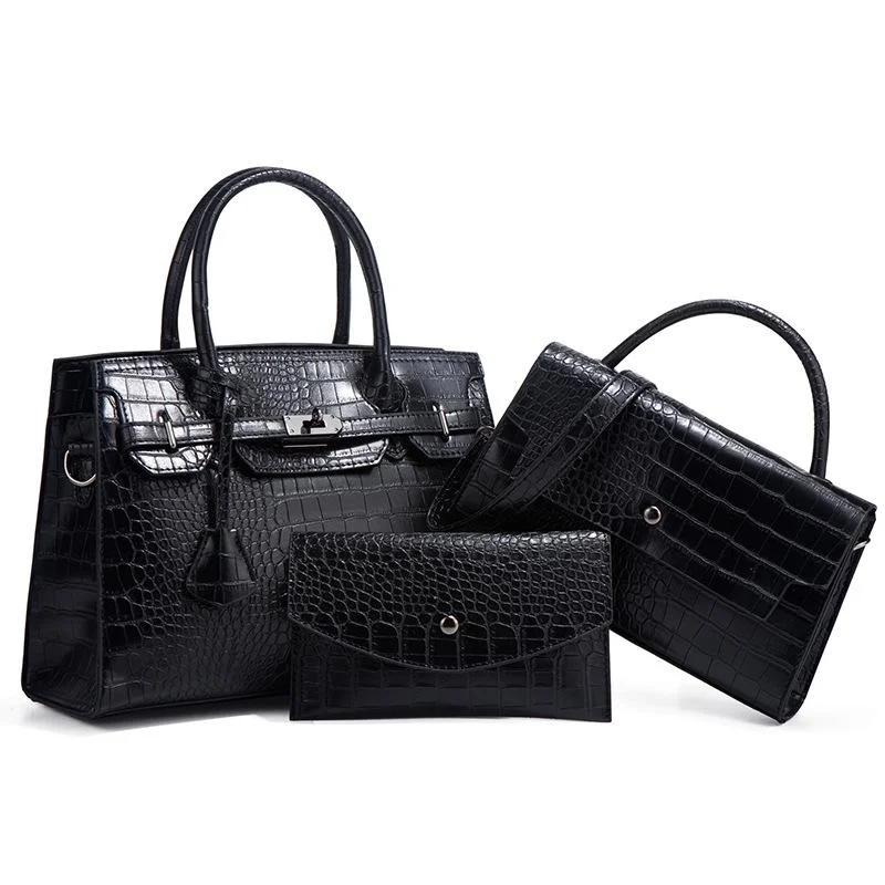 Large Capacity 3-in-1 Crocodile Print Crossbody Tote - Diagonal Design - Black
