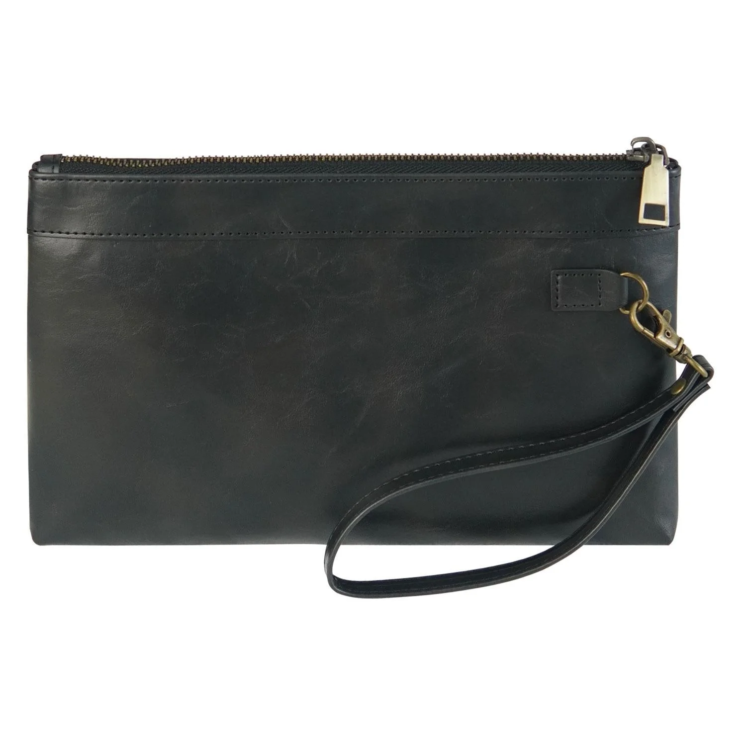 Vintage Leather Envelope Clutch with Zipper Closure - Black