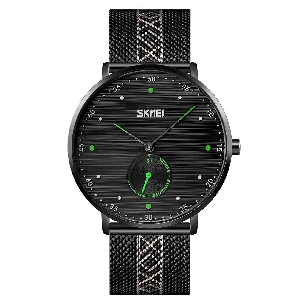Men Striped Arabic Numeral Mesh Quartz Watch - Horizontal Design - Green
