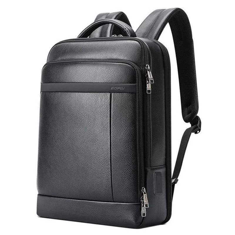 Large-capacity Business Laptop Backpack with Usb & Type-c Port - Black First-layer Cowhide