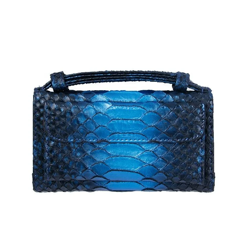Snake Texture Print Clutch Long Crossbody Bag With Chain - 10 Blue