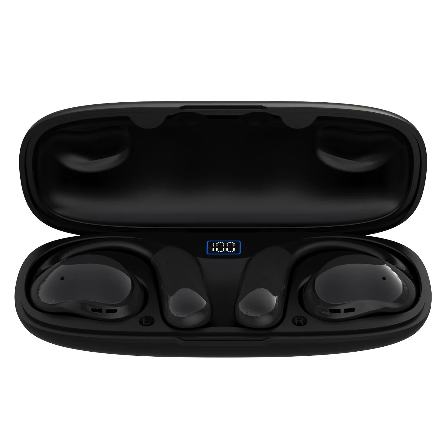 Bluetooth Earphones with Hanging Ear Design and Digital Display Charging Case - Black