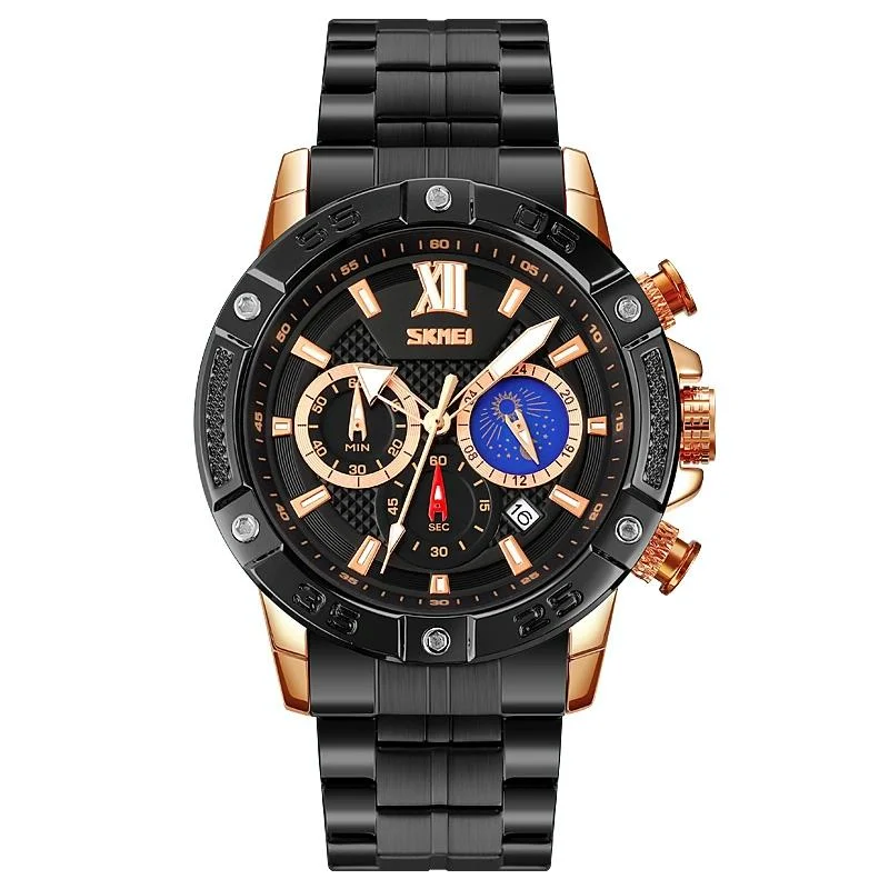 Stainless Steel Men Moonphase Quartz Watch with Strap - Gold Black